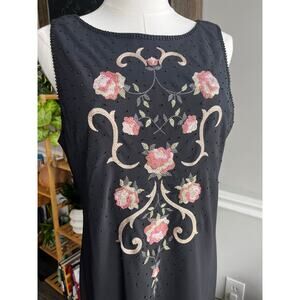Vintage Y2K Black & Pink Floral Beaded Asymmetrical Dress Size 14 Large